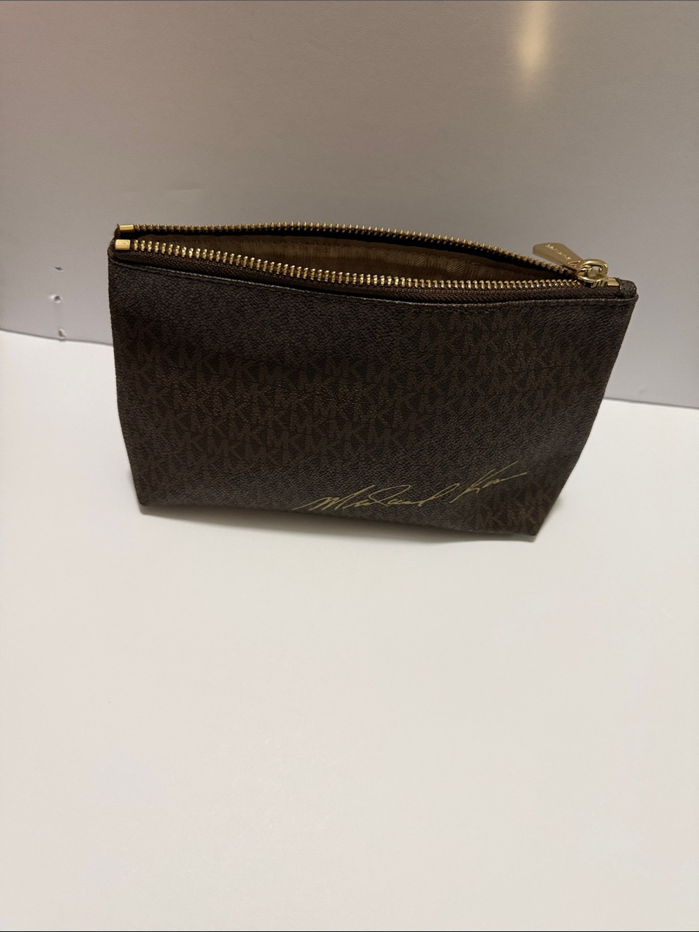 Michael Kors Brown Logo-Print Cosmetic Pouch with Gold Hardware